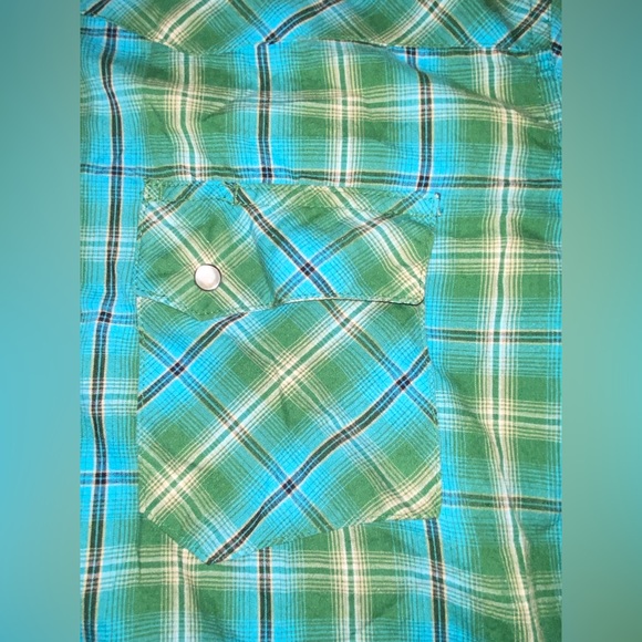 Wrangler Wrancher Pearl Snap Button Up Shirt Blue Plaid Cotton XL Vintage 90s - Picture 4 of 7